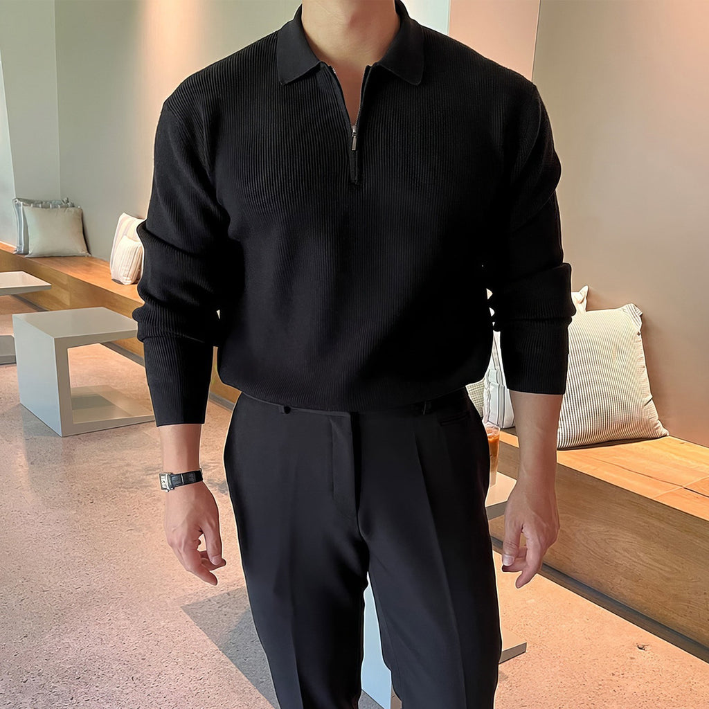 JEZRYLLE Gray Long-sleeved Knitted POLO Shirt For Men In Autumn