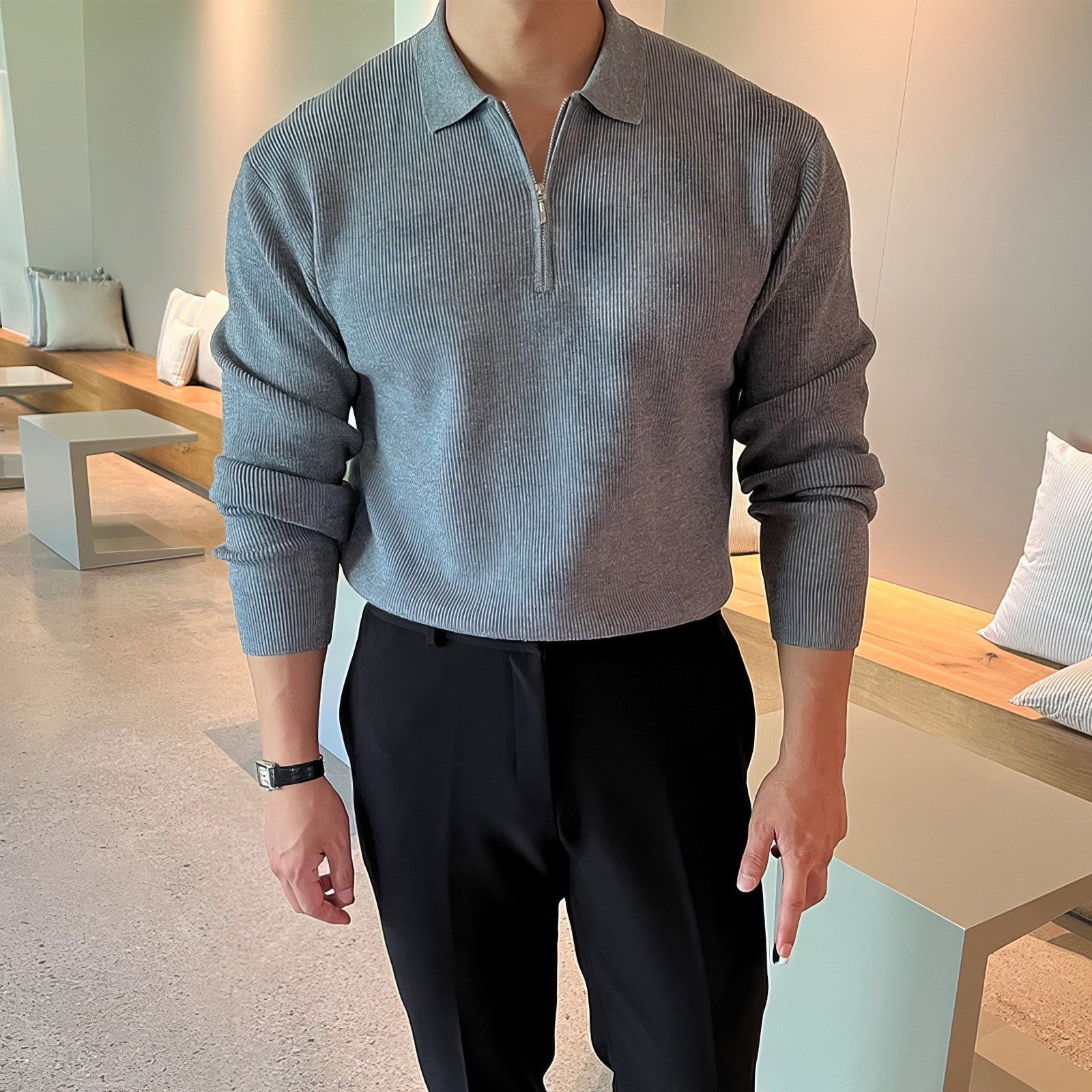 JEZRYLLE Gray Long-sleeved Knitted POLO Shirt For Men In Autumn