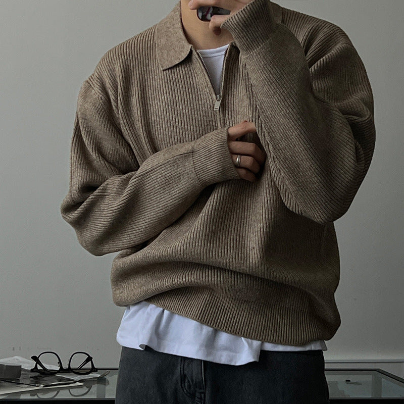JEZRYLLE Gray Long-sleeved Knitted POLO Shirt For Men In Autumn