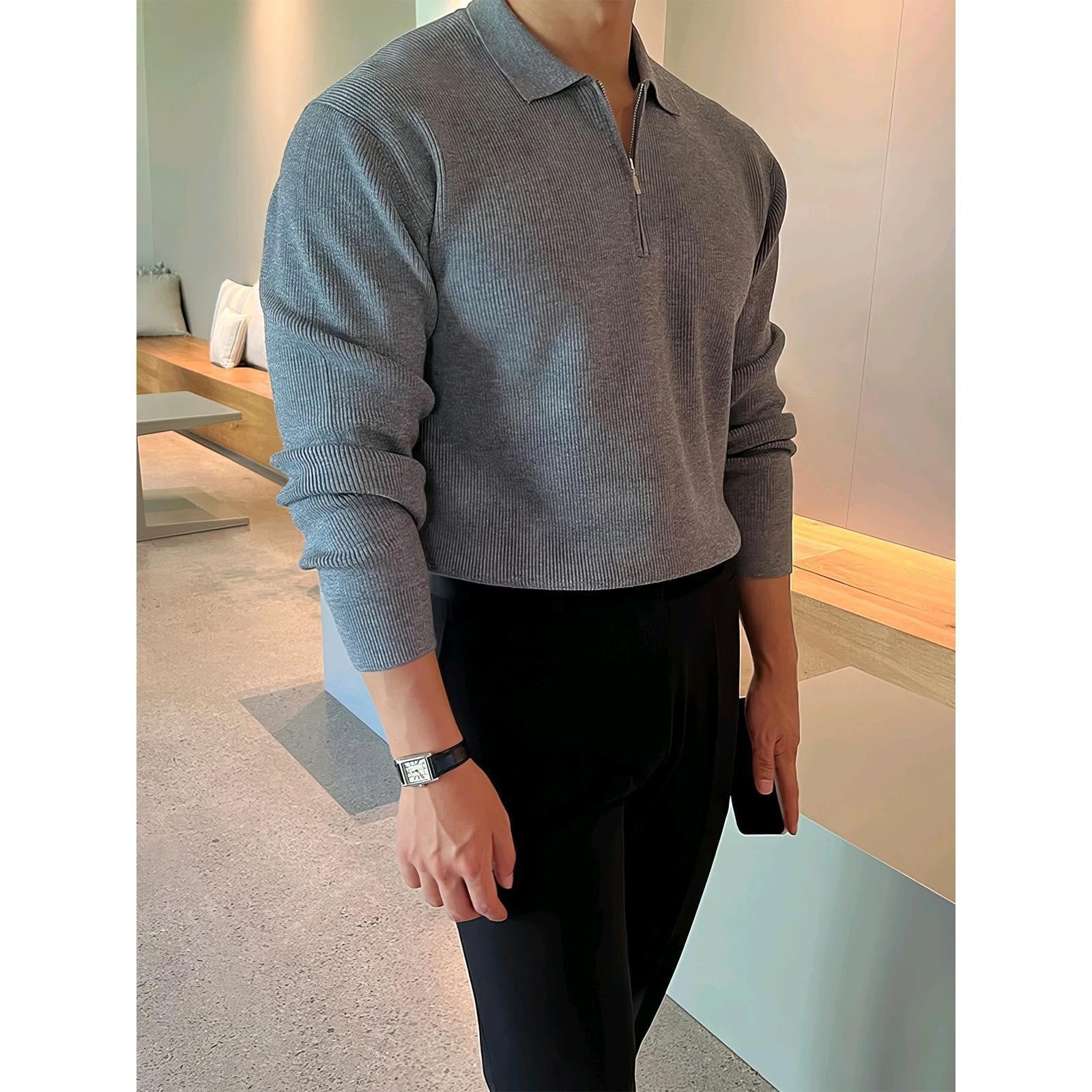JEZRYLLE Gray Long-sleeved Knitted POLO Shirt For Men In Autumn