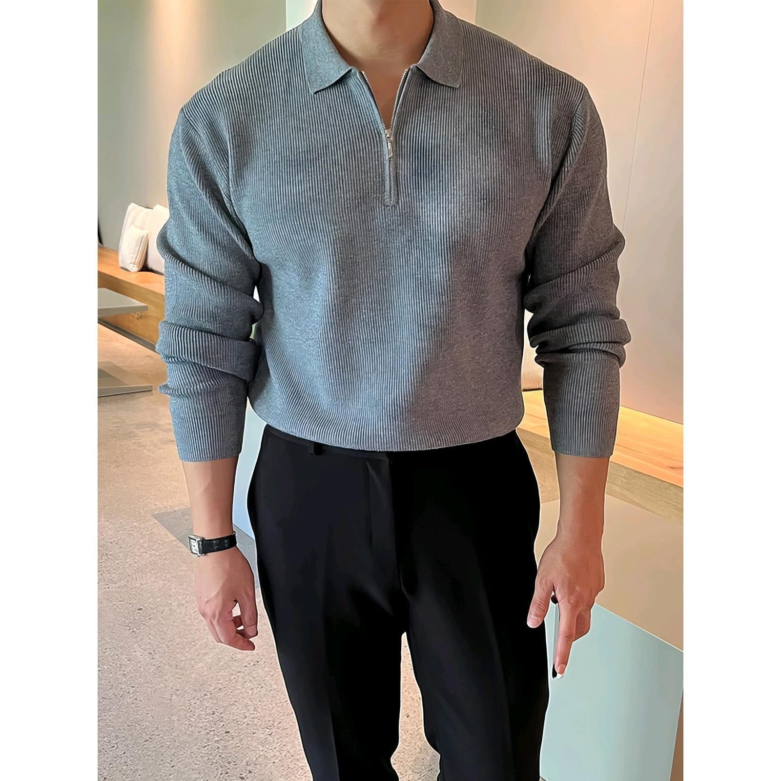 JEZRYLLE Gray Long-sleeved Knitted POLO Shirt For Men In Autumn