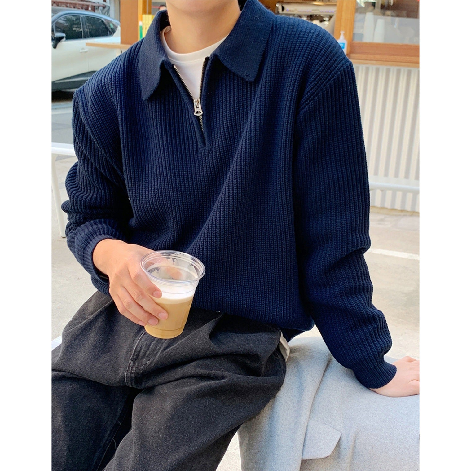 JEZRYLLE Gray Long-sleeved Knitted POLO Shirt For Men In Autumn